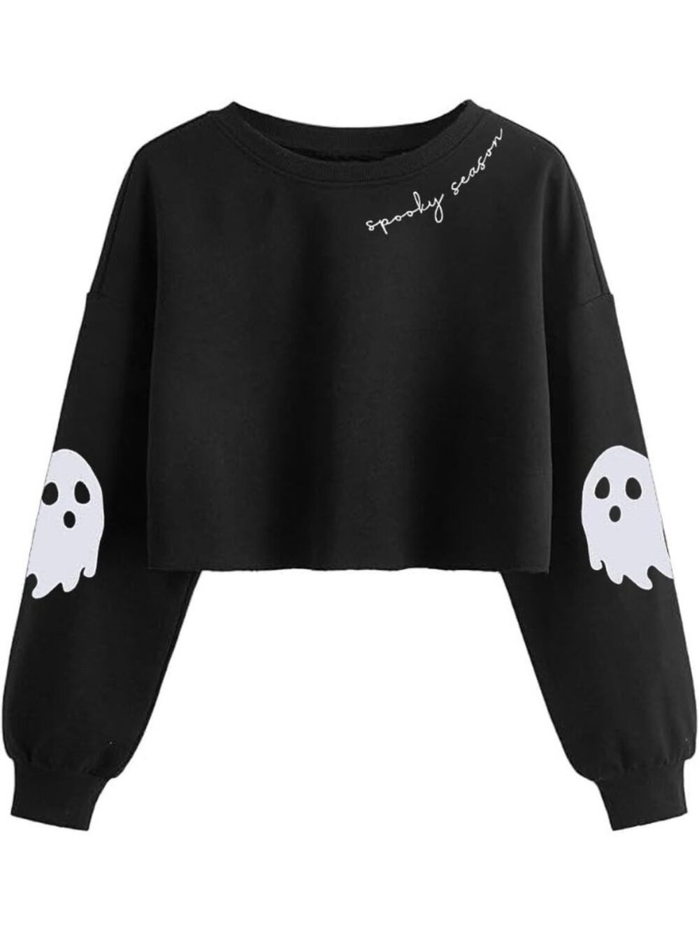 🆕 Women's Black White Halloween Crop Lantern Sleeve Fall Pullover Sweatshirt